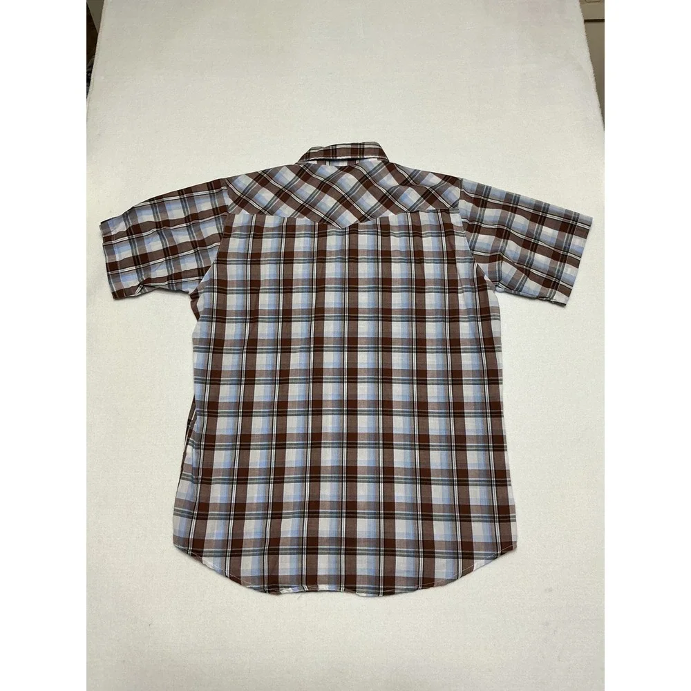 Bit & Bridle Mens Large Plaid Western Pearl Snap Shirt Brown Blue Short Sleeve